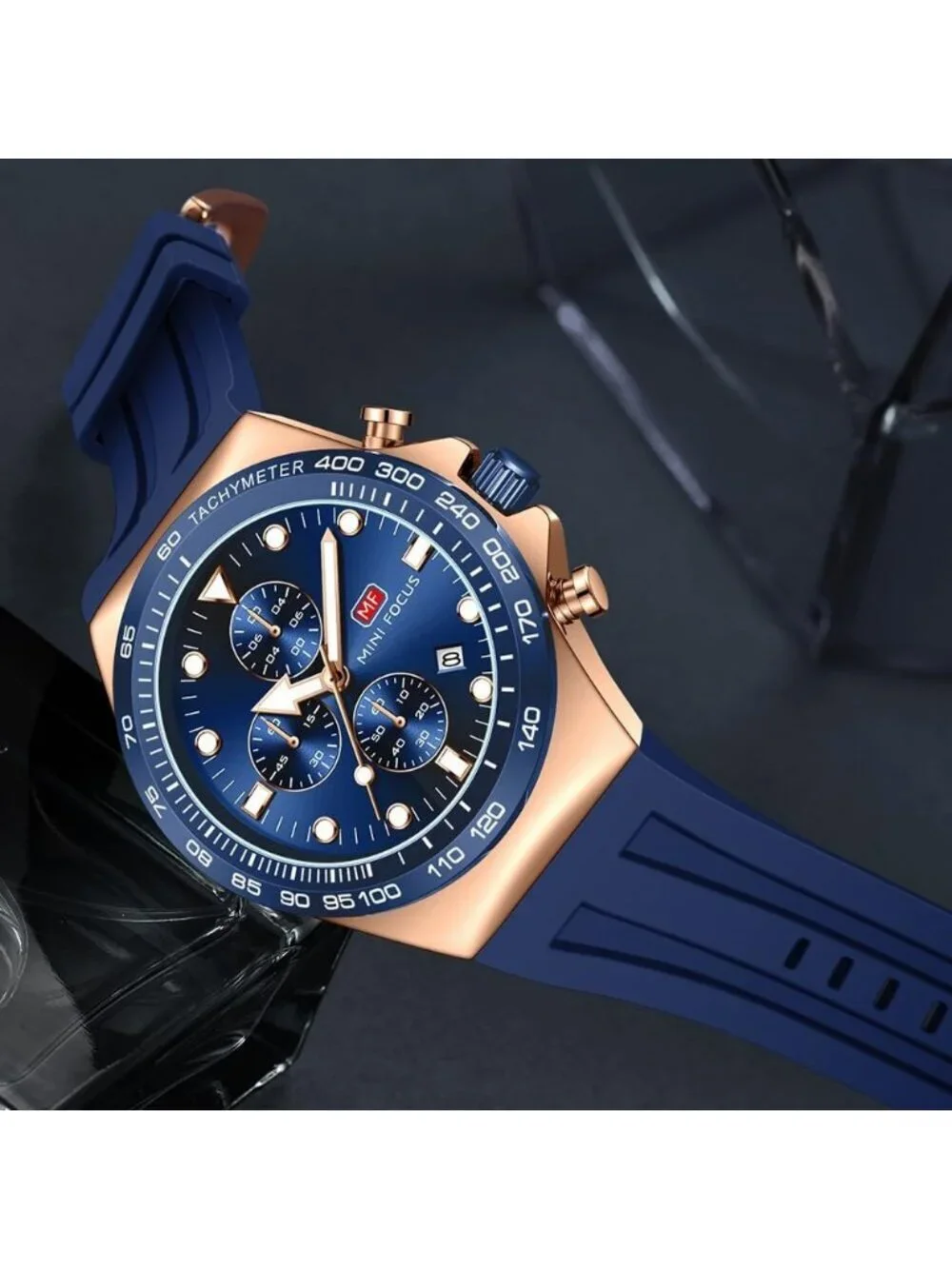 Men's Blue Rose Gold Analog Waterproof Chronograph Classic Stylish Casual Watch